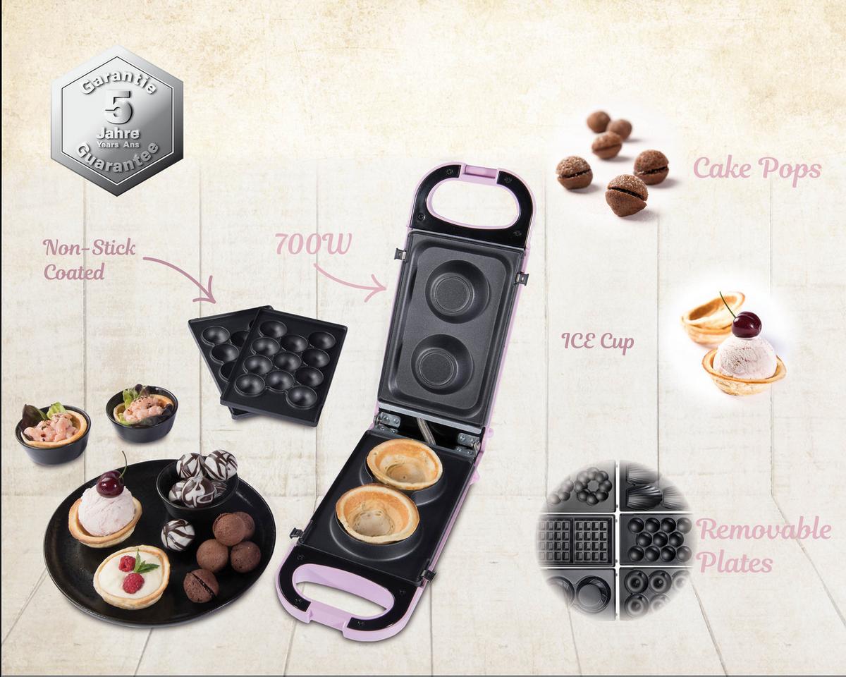 Waffeleisen Snack Maker 700 W Antihaftbeschichtet - Rosa, MODERN, Kunststoff (10/14/30cm) - Trisa Electronics