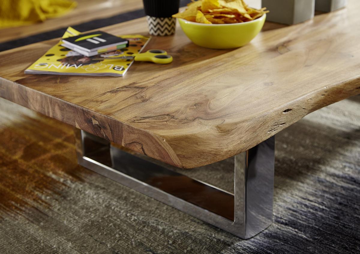 Couchtisch mit Holzplatte Asura, Akazie/Chromfarben - Chromfarben/Akaziefarben, Design, Holz/Metall (115/58/25cm) - MID.YOU