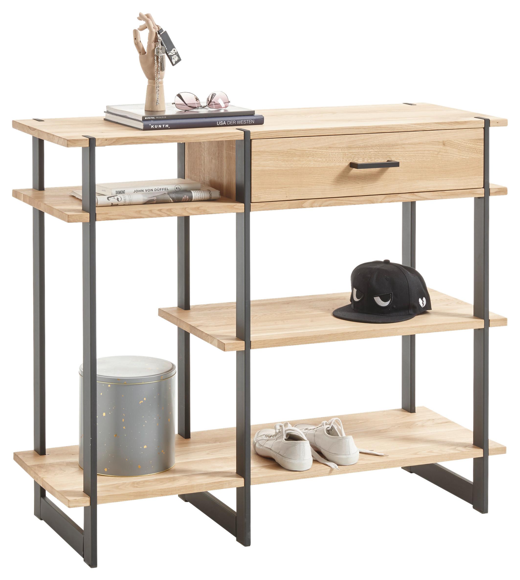 Konsolentisch mit Ablagefach Paco, Eichefarben/Schwarz - Eichefarben/Schwarz, Natur, Holz/Metall (110/93,5/40cm) - Livetastic