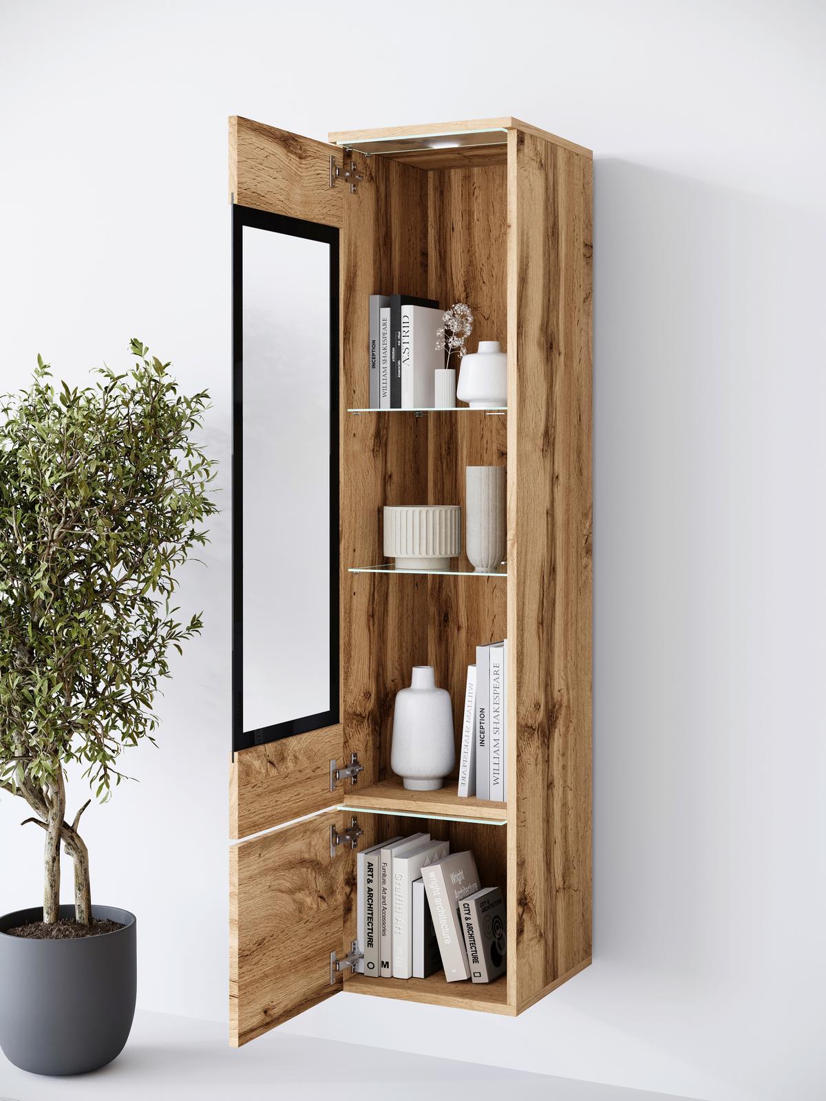 Vitrine Vera Eiche Wotan Dekor B: 30cm - Eiche Wotan/Grau, Design, Glas/Holzwerkstoff (30/130/33cm) - Livetastic