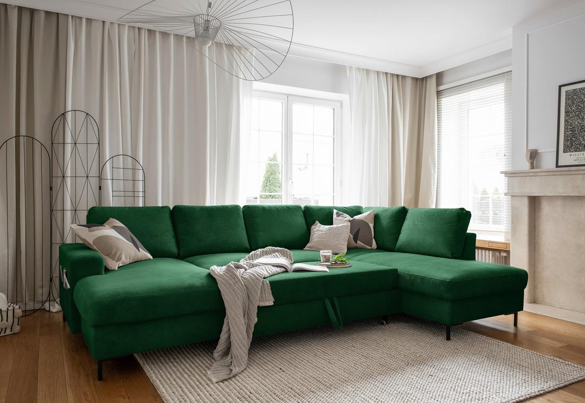 Sedačka LEONIE U, pravá, smaragdovozelený menčester - čierna/smaragdovozelená, Design, kov/drevo (148/303/197cm)