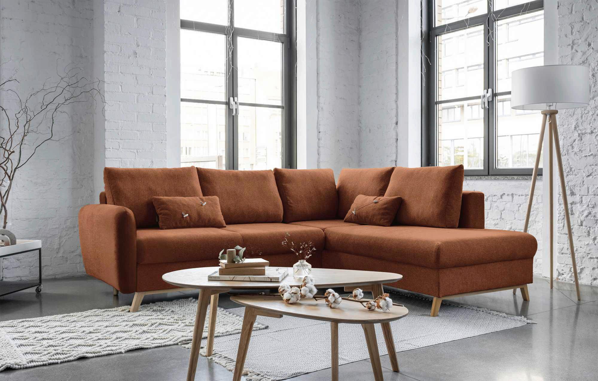 Sedačka LUCILE L, pravá, tehlová, úl.priestor a lôžko - prírodná farba/terakotová, drevo/textil (242/202cm) - MID.YOU