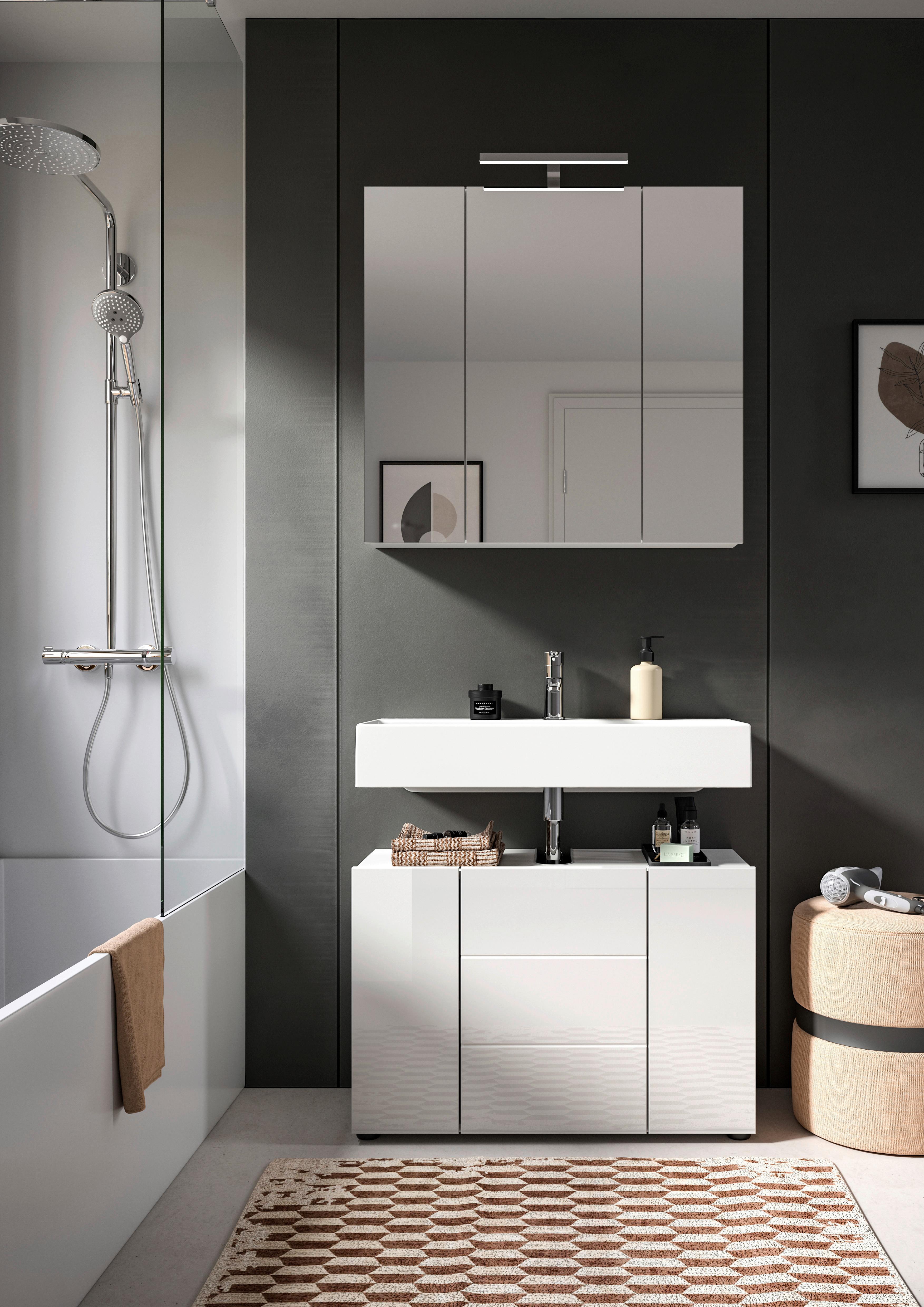 Badezimmer Vira Weiß, inkl. LED - Weiß Hochglanz/Schwarz, MODERN, Holzwerkstoff (82cm) - MID.YOU