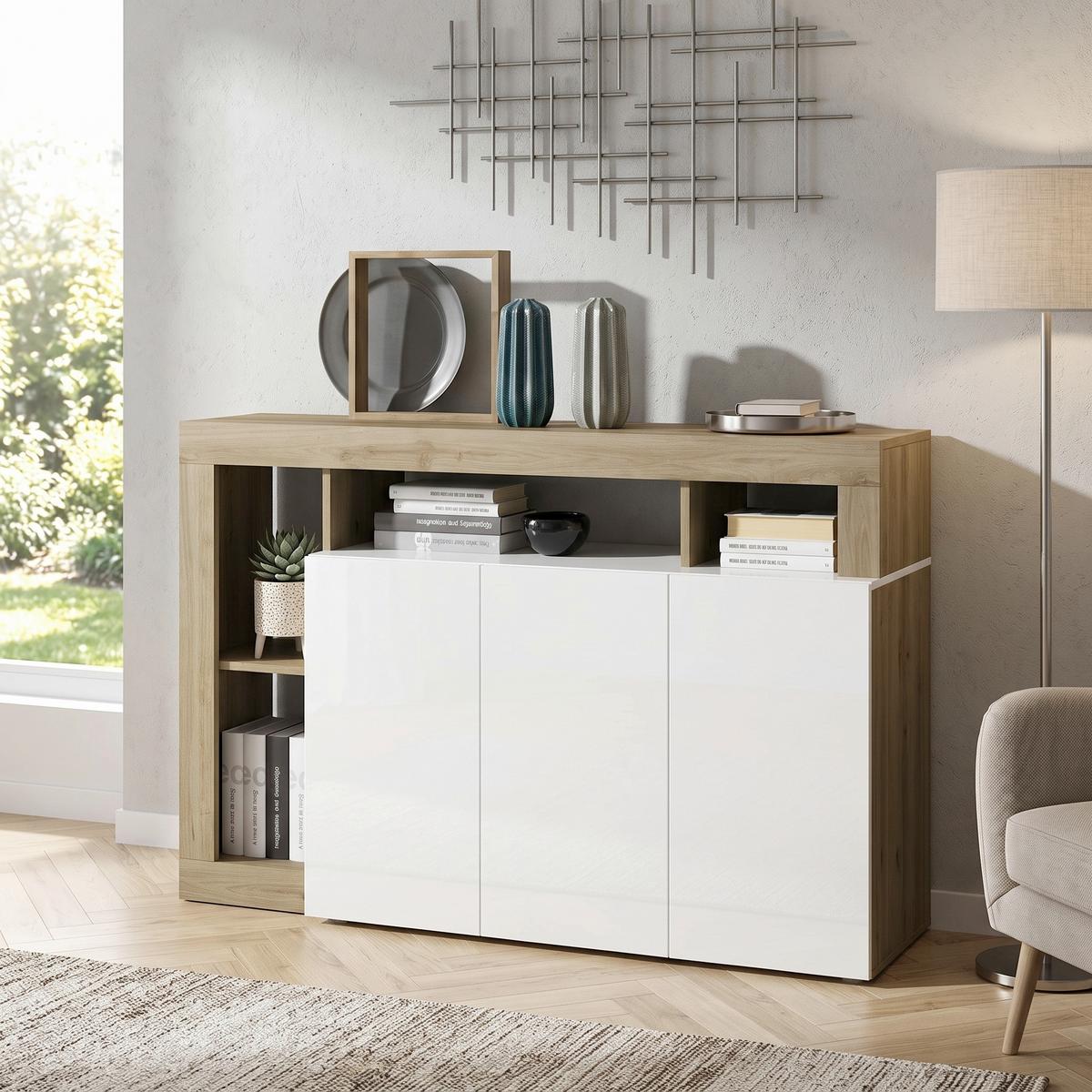 Sideboard Hamburg Eiche Dekor, Weiß HG B: 146cm - Weiß Hochglanz/Eichefarben, MODERN, Holzwerkstoff (146/93/42cm)