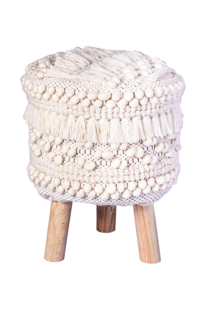 Hocker Bohist Makramee/ Echtholz Weiß H: 50 cm - Weiß, Trend, Holz/Textil (38/50/38cm) - Livetastic