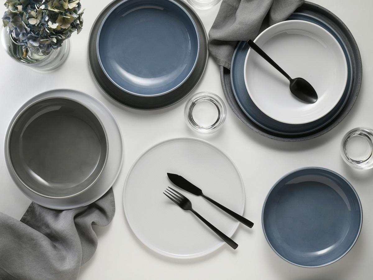 Tafelservice 12-teilig. Porzellan, multicolor - Graublau/Weiß, Basics, Keramik - Creatable