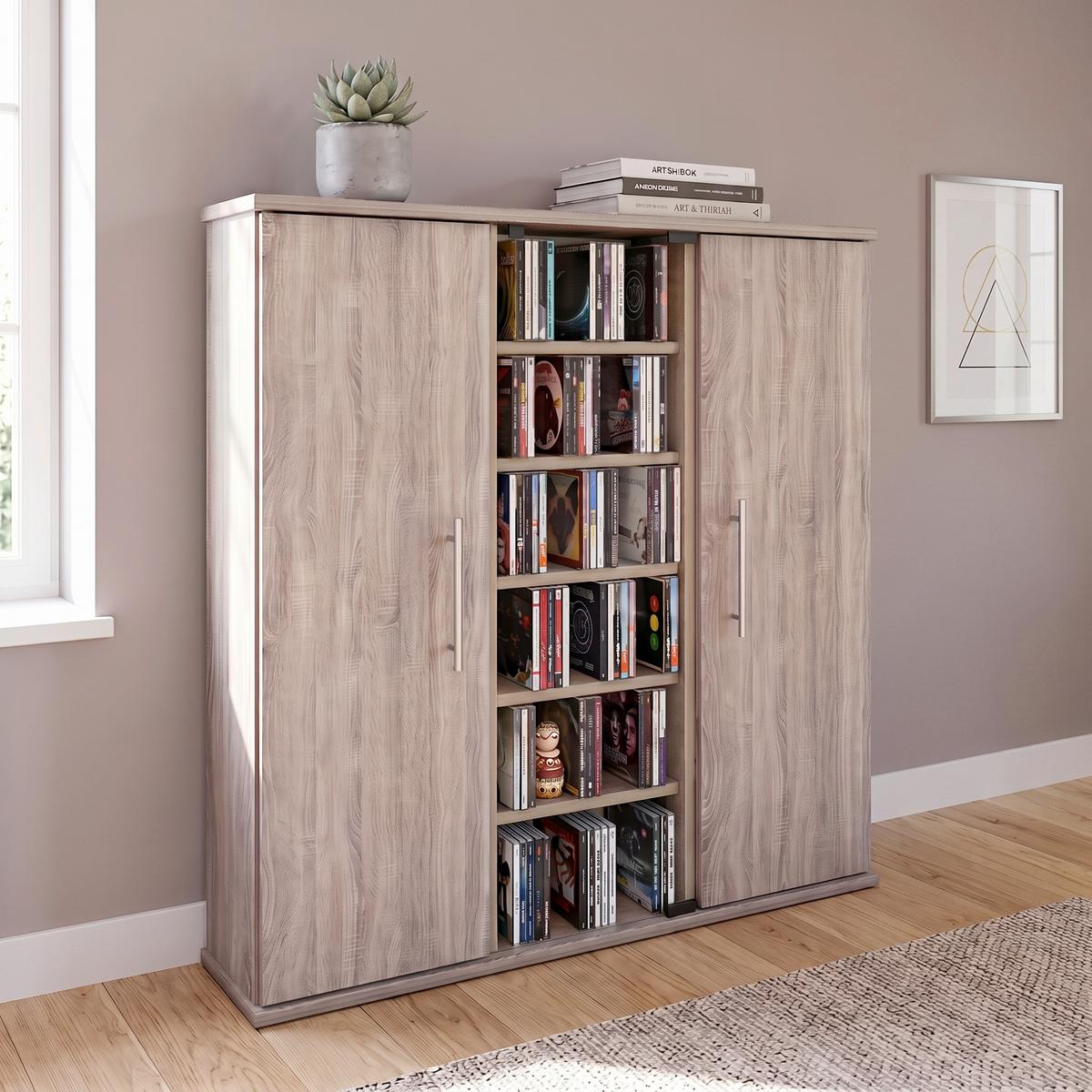 CD Regal mit Türen Santo 86 cm Sonoma Eiche Dekor, Glas - Eichefarben, KONVENTIONELL, Glas/Holzwerkstoff (86/91,5/18cm) - MID.YOU