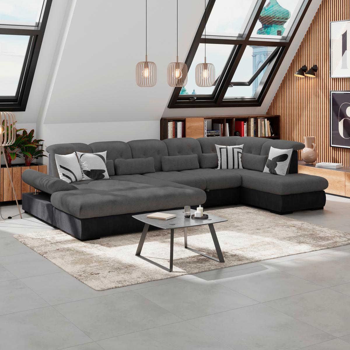 Wohnlandschaft Madera Mit Schlaffunktion Anthrazit - Anthrazit/Schwarz, KONVENTIONELL, Kunststoff/Textil (190/358/212cm)