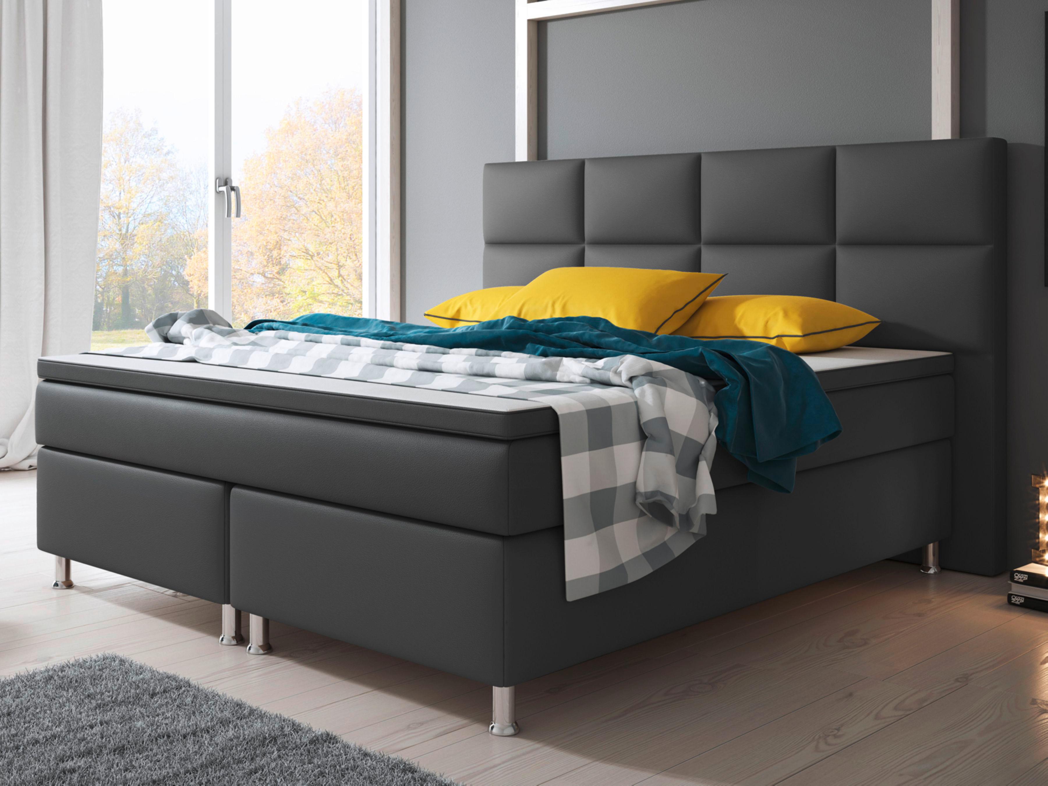 Boxspringbett Mit Topper / Matratze 180x200 Cm Miami - Anthrazit/Silberfarben, KONVENTIONELL, Leder/Textil (200/125/210cm) - MID.YOU