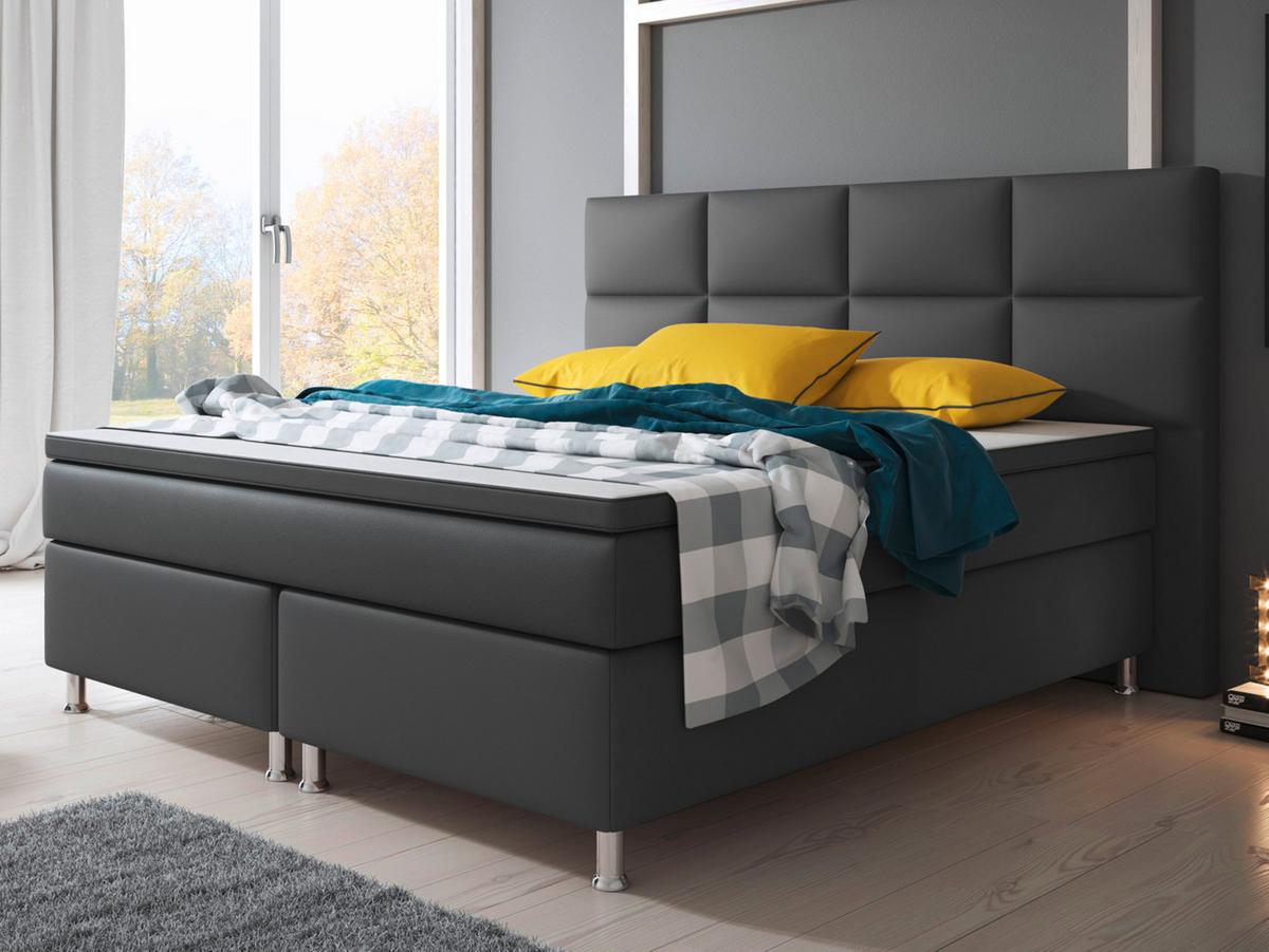 Boxspringbett Mit Topper / Matratze 180x200 Cm Miami - Anthrazit/Silberfarben, KONVENTIONELL, Leder/Textil (200/125/210cm) - MID.YOU