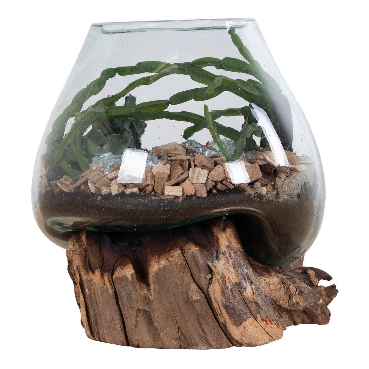 Vase Transparent Teakfarben B: 18cm - Transparent/Teakfarben, Design, Glas/Holz (18/20/15cm)