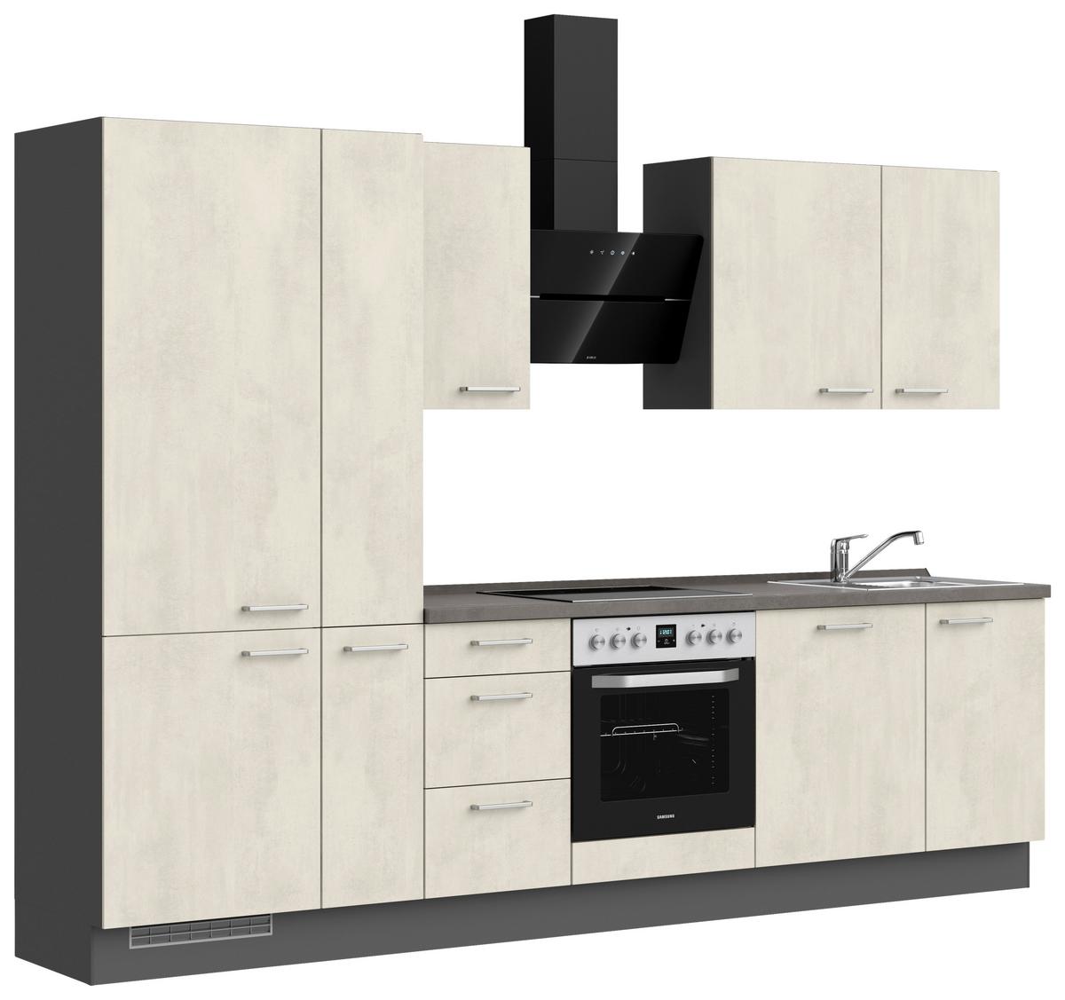 Kuchynská linka 300CM biely betón/ bridlicová šedá - biela/farba ušľachtilej ocele, Modern, kov/kompozitné drevo (300cm) - Nobilia