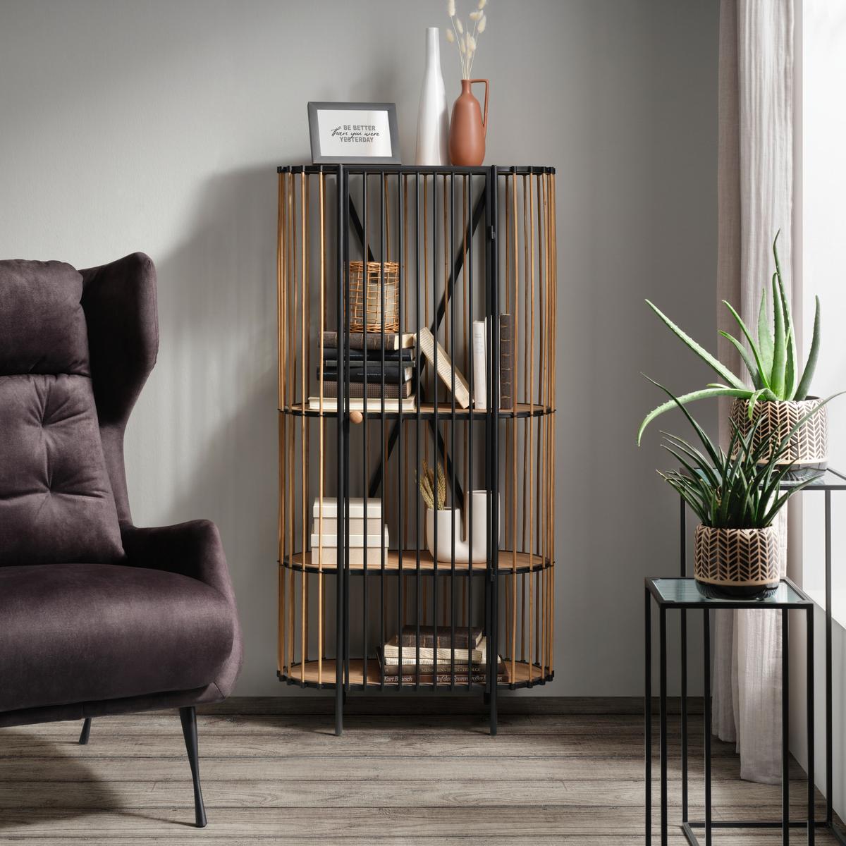 REGÁL BAMBOO - černá/přírodní barvy, Lifestyle, kov/dřevo (67/132/32cm) - Premium Living