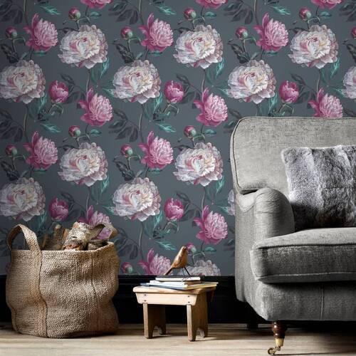 Vliestapete Peony Anthrazit/lila - Anthrazit/Lila, Basics, Papier/Kunststoff (52/1005cm)