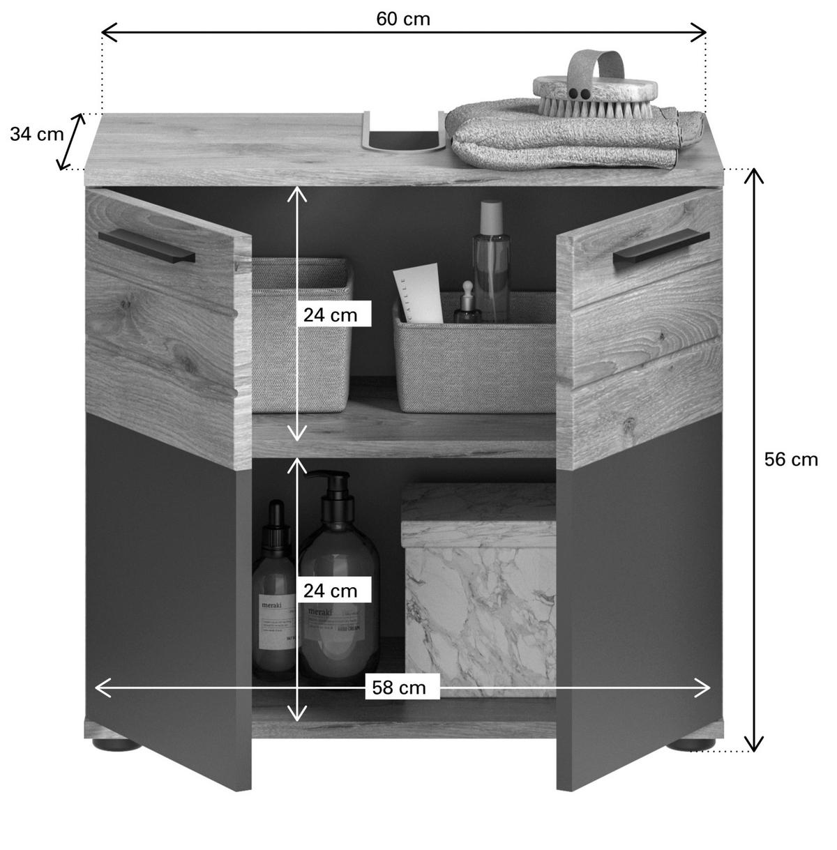 Badezimmer Mason Grau Eiche Dekor - Eichefarben/Schwarz, MODERN, Glas/Holzwerkstoff (60cm) - MID.YOU
