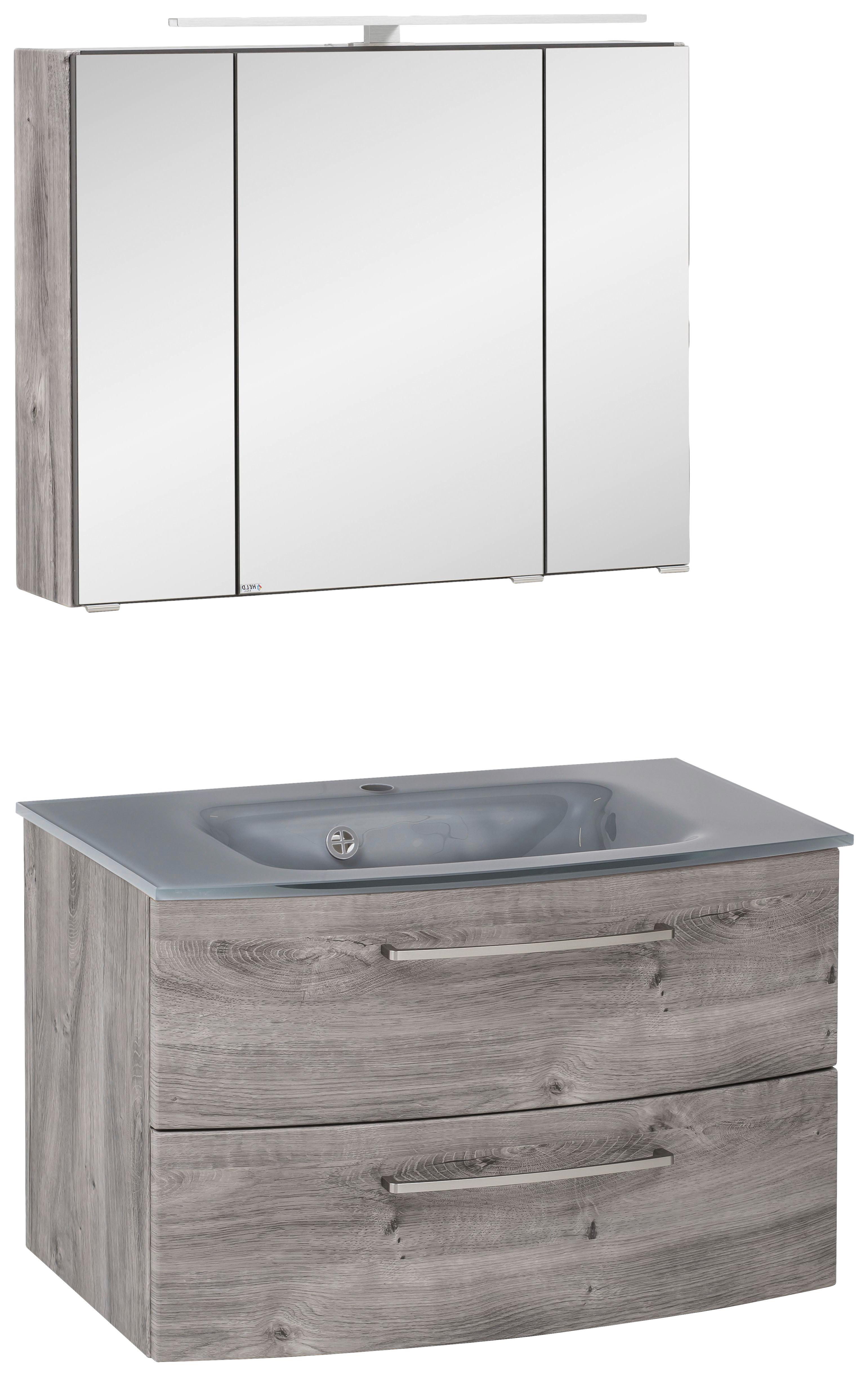 Badmöbel-set 3-tlg. Inkl. Led Stockholm 80cm Grau - Eichefarben/Eiche grau, KONVENTIONELL, Glas/Holzwerkstoff (80cm) - Held