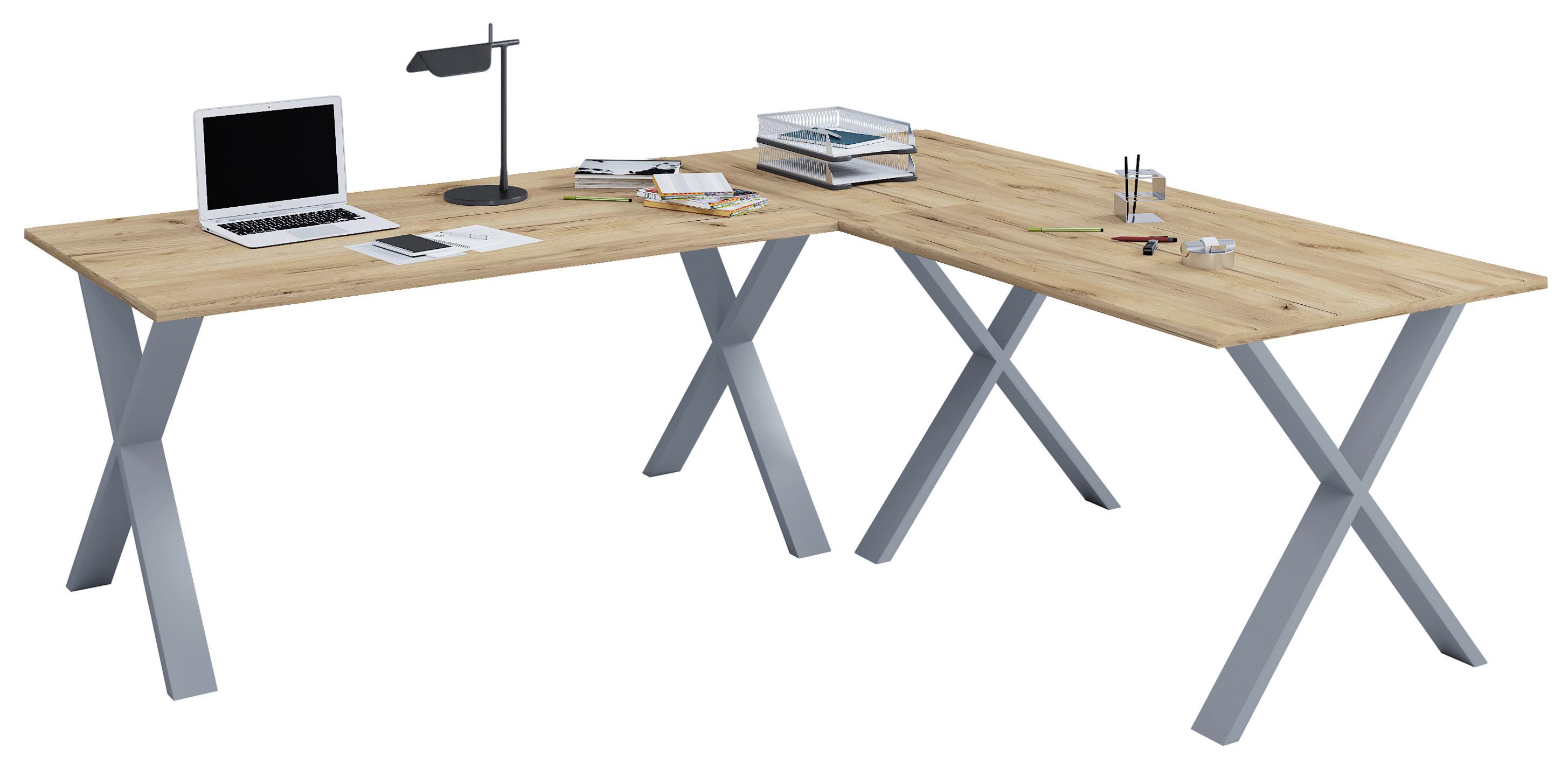 Eckschreibtisch Lona Silberfarbe/Eiche D. L: 130 cm - Honigeiche/Silberfarben, Design, Holzwerkstoff/Metall (130/130/76cm) - MID.YOU