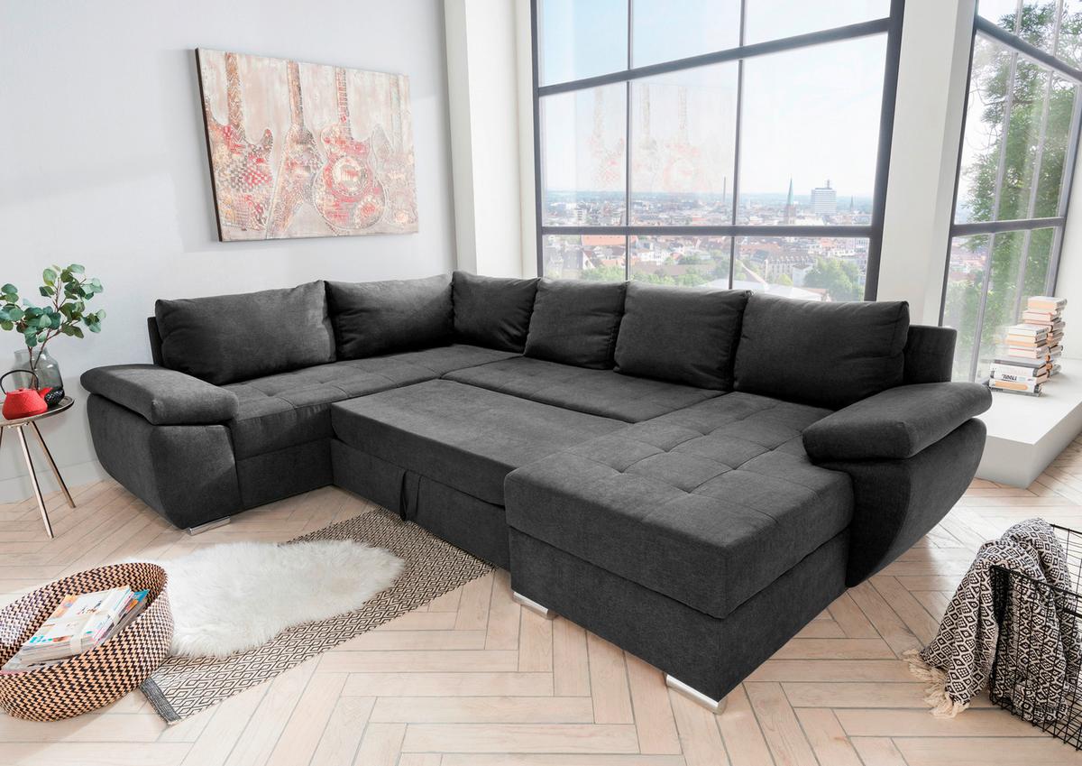 Wohnlandschaft Terana mit Schlaffunktion, Braun - Taupe/Chromfarben, KONVENTIONELL, Textil (219/305/157cm) - P & B