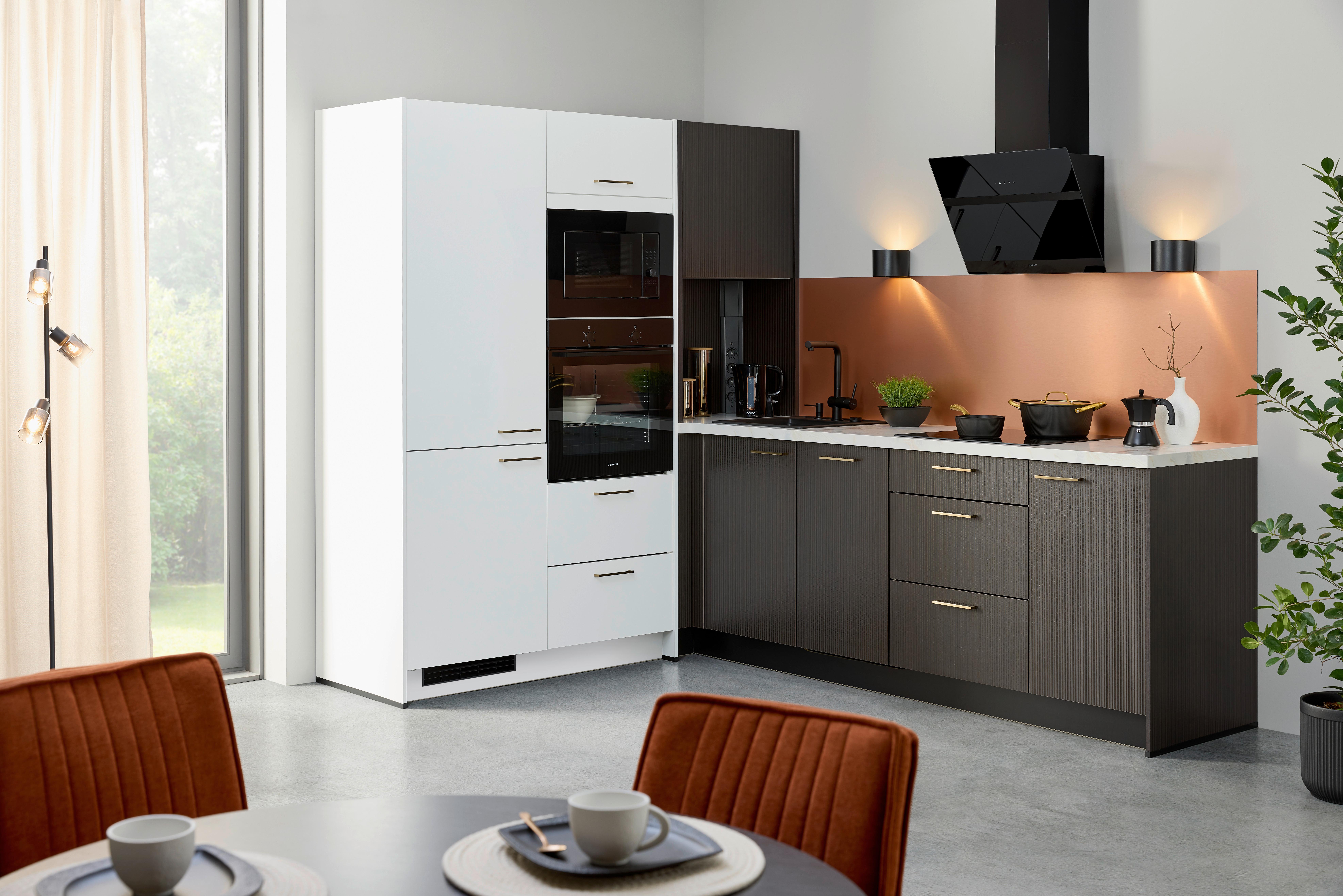 Eckküche Star/stripe - Weiß Hochglanz/Dunkelbraun, Design, Holzwerkstoff (188,3/266,6cm) - Express-Kuechen