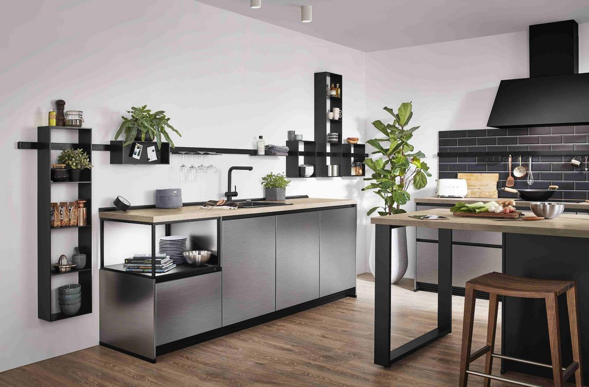 Eckküche Edelstahlfarben Gebürstet, Planbar Nach Maß - Edelstahlfarben, MODERN, Holzwerkstoff - Vertico
