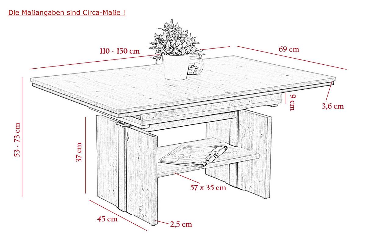 Couchtischset Ingo Eiche Dekor L: 110-150 cm - Eichefarben, Design, Holzwerkstoff (110-150/70/53-72cm) - Livetastic