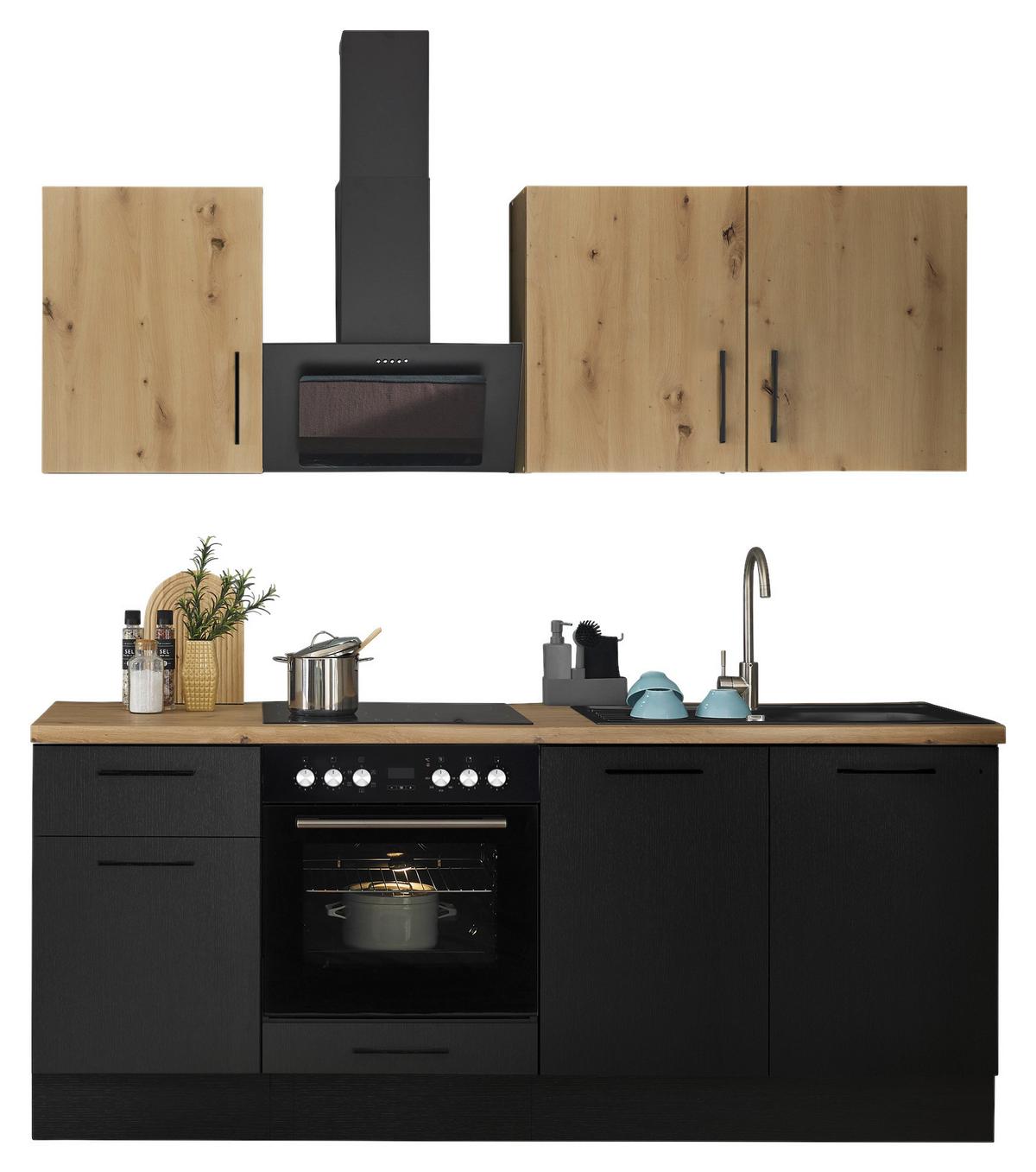 Küchenblock Turin Schwarz/Eiche Dekor B: 210 cm - Schwarz/Eiche Artisan, Basics, Holzwerkstoff (210cm) - MID.YOU