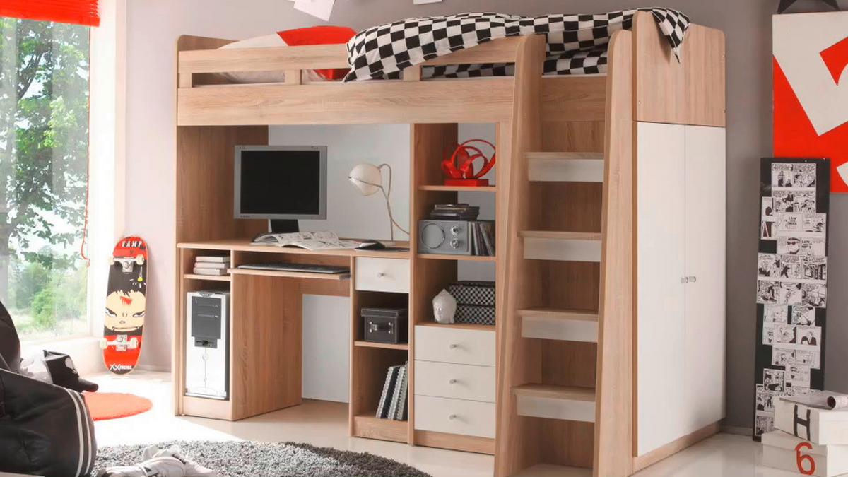 Hochbett Unit inkl. Stauraum U. Tisch, Lf: 90x200 cm - Eichefarben/Weiß, MODERN, Holzwerkstoff (90/200cm) - MID.YOU