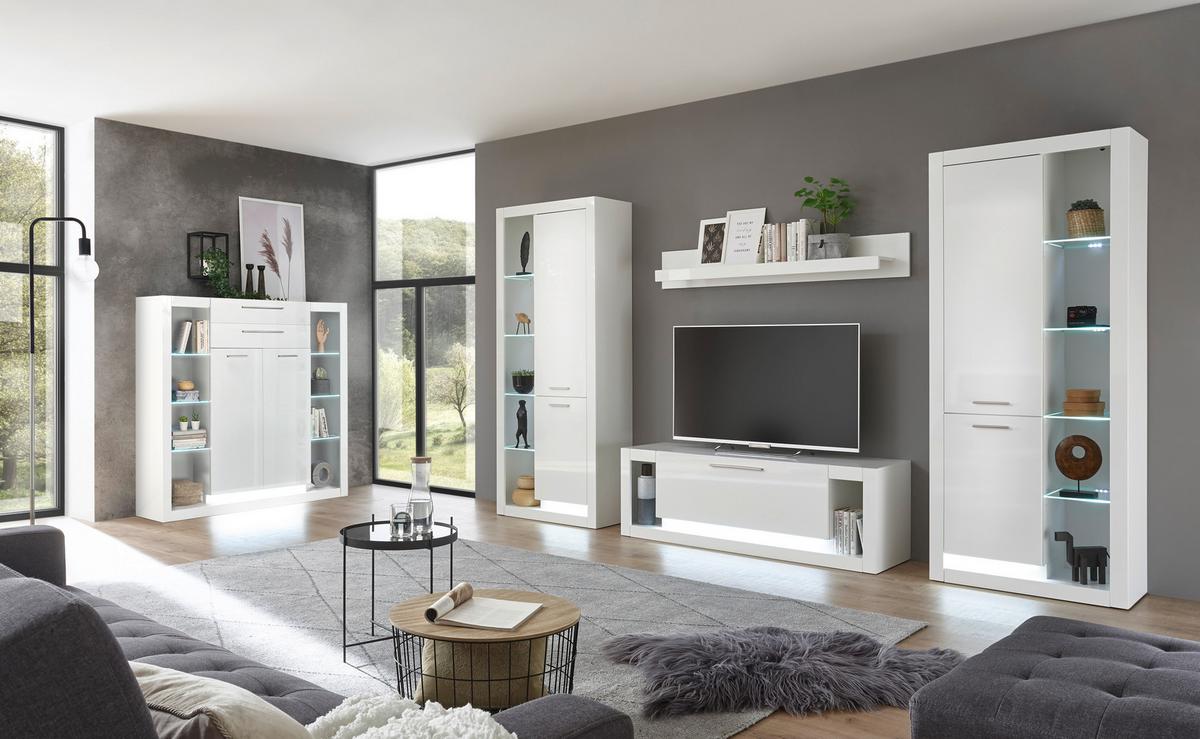 Highboard Meran Weiß B: 141 cm - Weiß Hochglanz/Weiß, Design, Glas/Holzwerkstoff (141/139/37cm) - MID.YOU