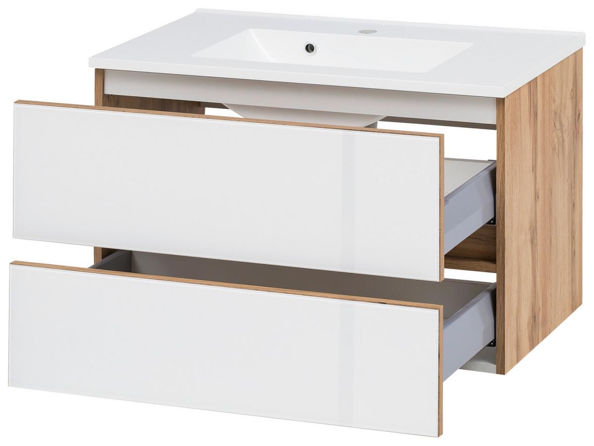 Badmöbel-Set 5-Tlg. inkl. LED Helsinki, Weiß/Eiche - Eichefarben/Weiß, KONVENTIONELL, Glas/Holzwerkstoff (120cm) - Held