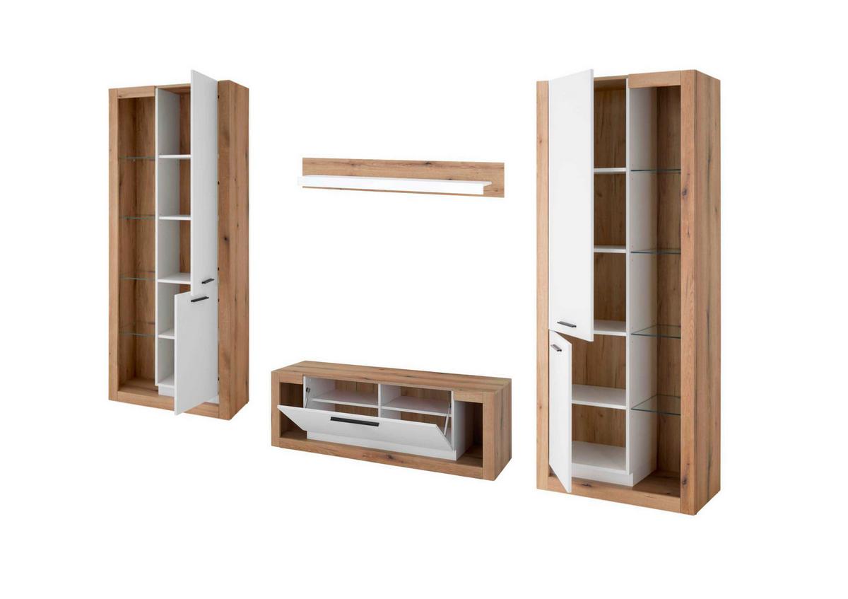 Wohnwand Brixen Weiß/Eichefarben B: 350cm - Eichefarben/Weiß, Design, Glas/Holzwerkstoff (350/195/43cm) - MID.YOU