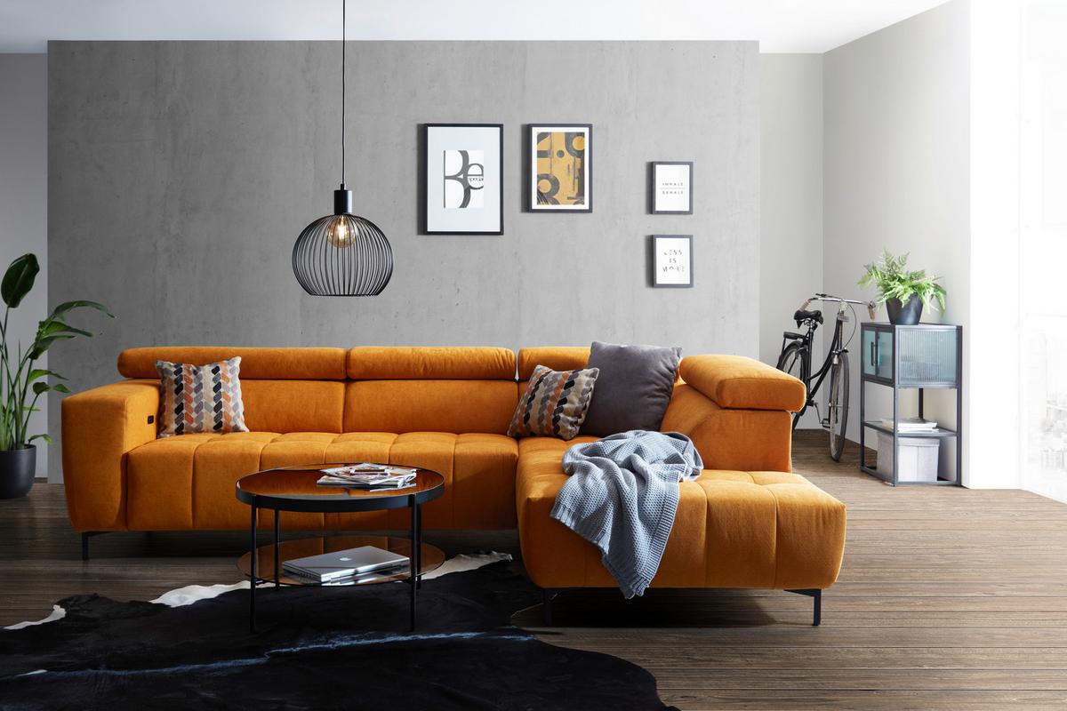 Rohová sedačka TARRAGONA, pravá, žltá, el.výsuv - černá/žlutá, Moderní, textil (295/201cm)