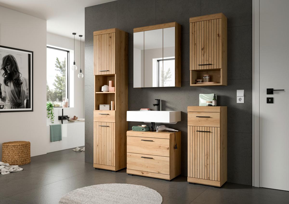 Badezimmer Scout Eiche Artisan Dekor B: 134cm - Schwarz/Eiche Artisan, Trend, Glas/Holzwerkstoff (134cm) - MID.YOU