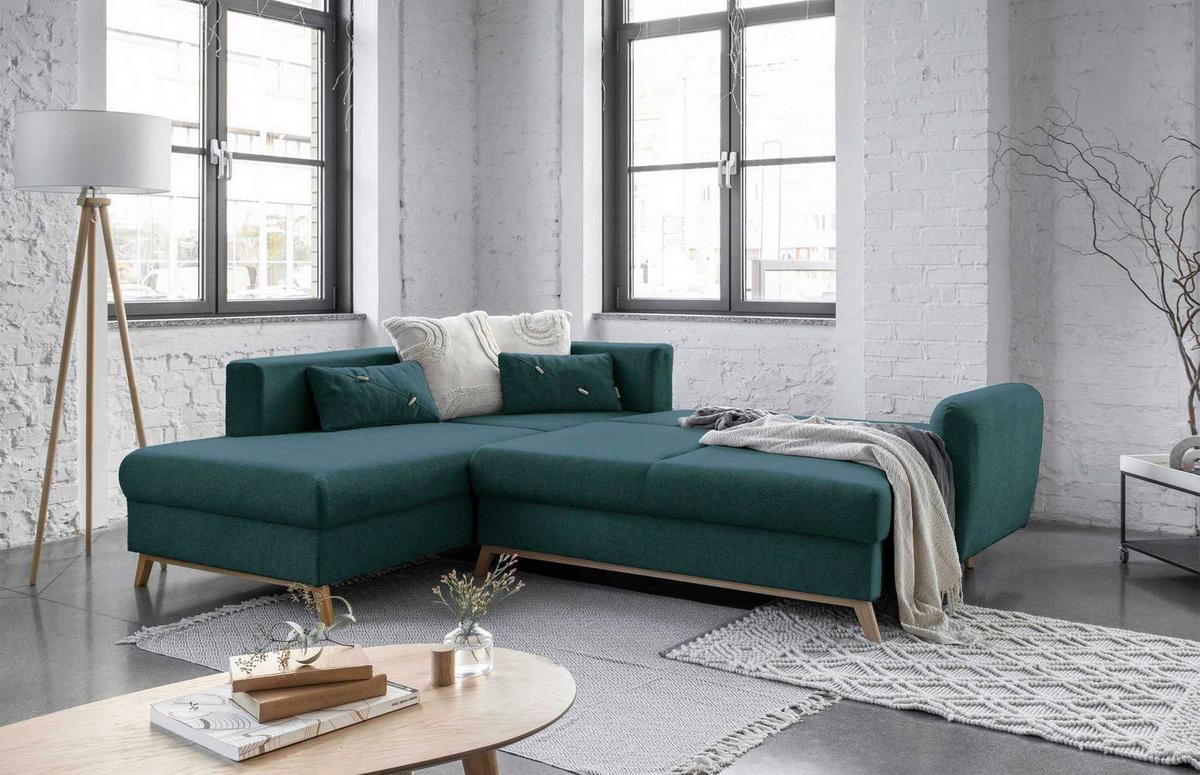 Sedačka LUCILE L, levá, tyrkysová, úl.prostor a lůžko - přírodní barvy/tyrkysová, dřevo/textil (202/242cm) - MID.YOU