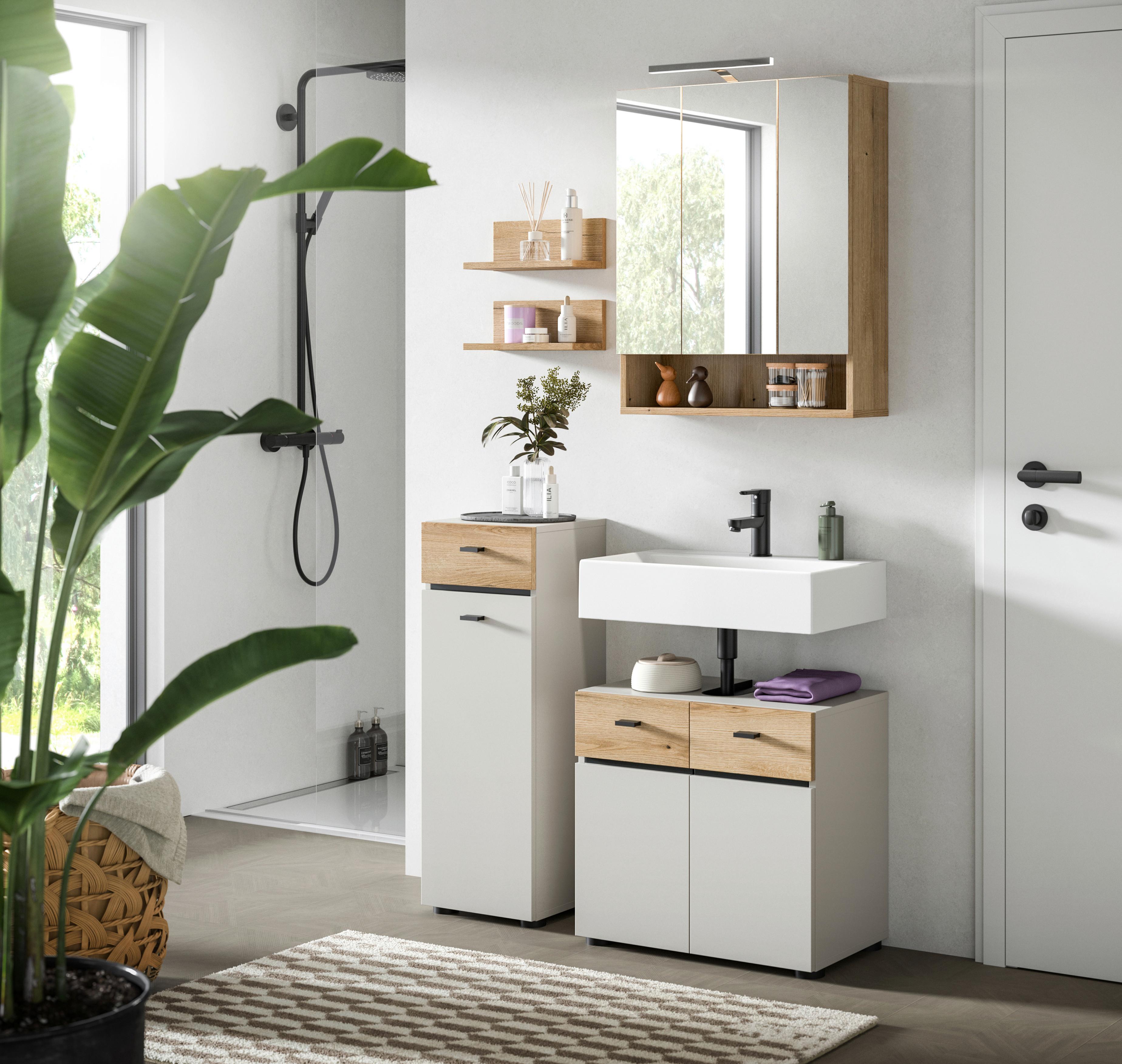 Badezimmer Aqua Kaschmir/Eichefarben B: 92cm - Kaschmir/Eichefarben, Trend, Glas/Holzwerkstoff (92cm) - MID.YOU