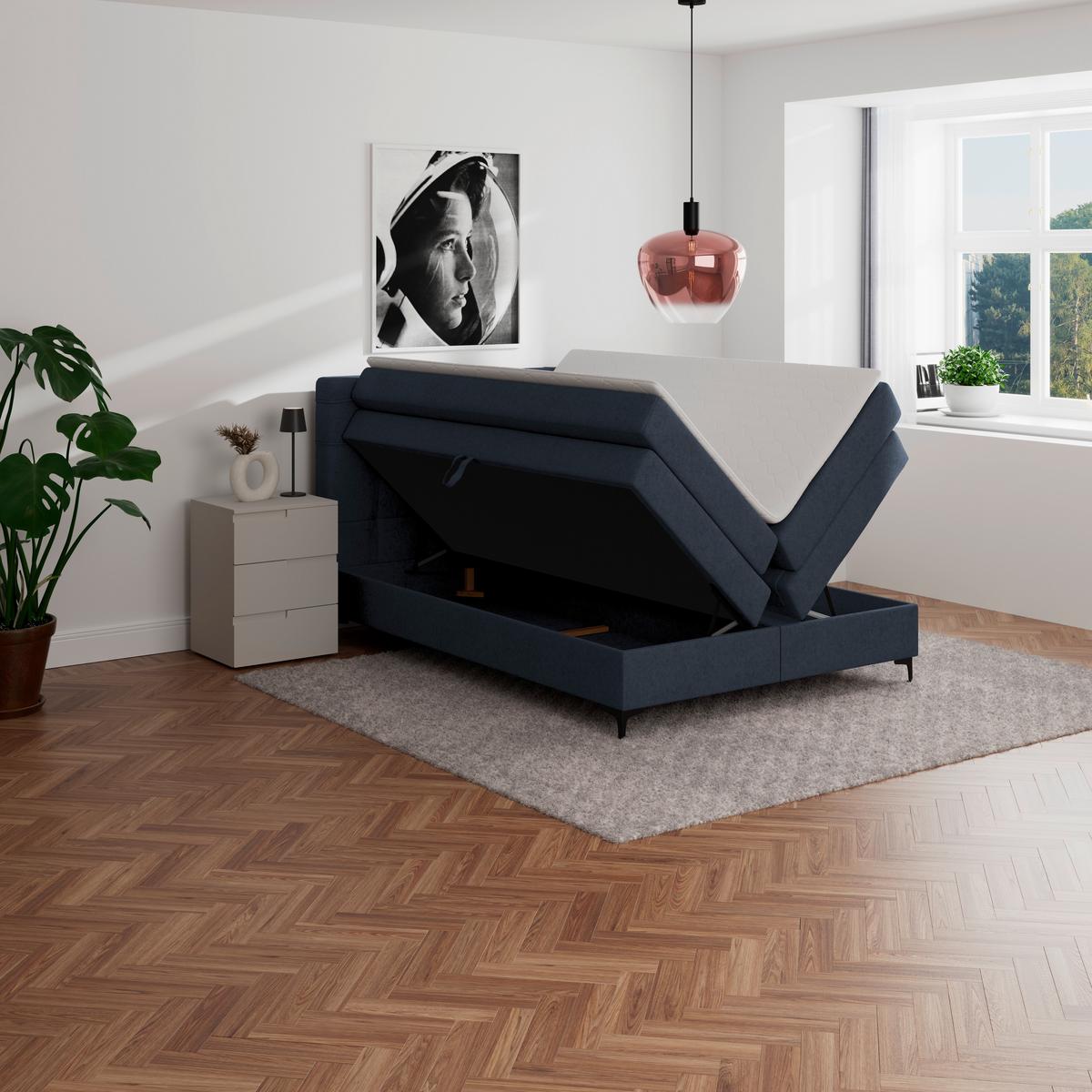 Boxspringbett MITTO Dunkelblau 140x200 cm - Schwarz/Dunkelblau, KONVENTIONELL, Textil/Metall (140/200cm)
