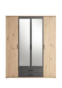 Moderne Optik in Holzdekor und Anthrazit Viertüriger Schrank mit Schubladen und Spiegel