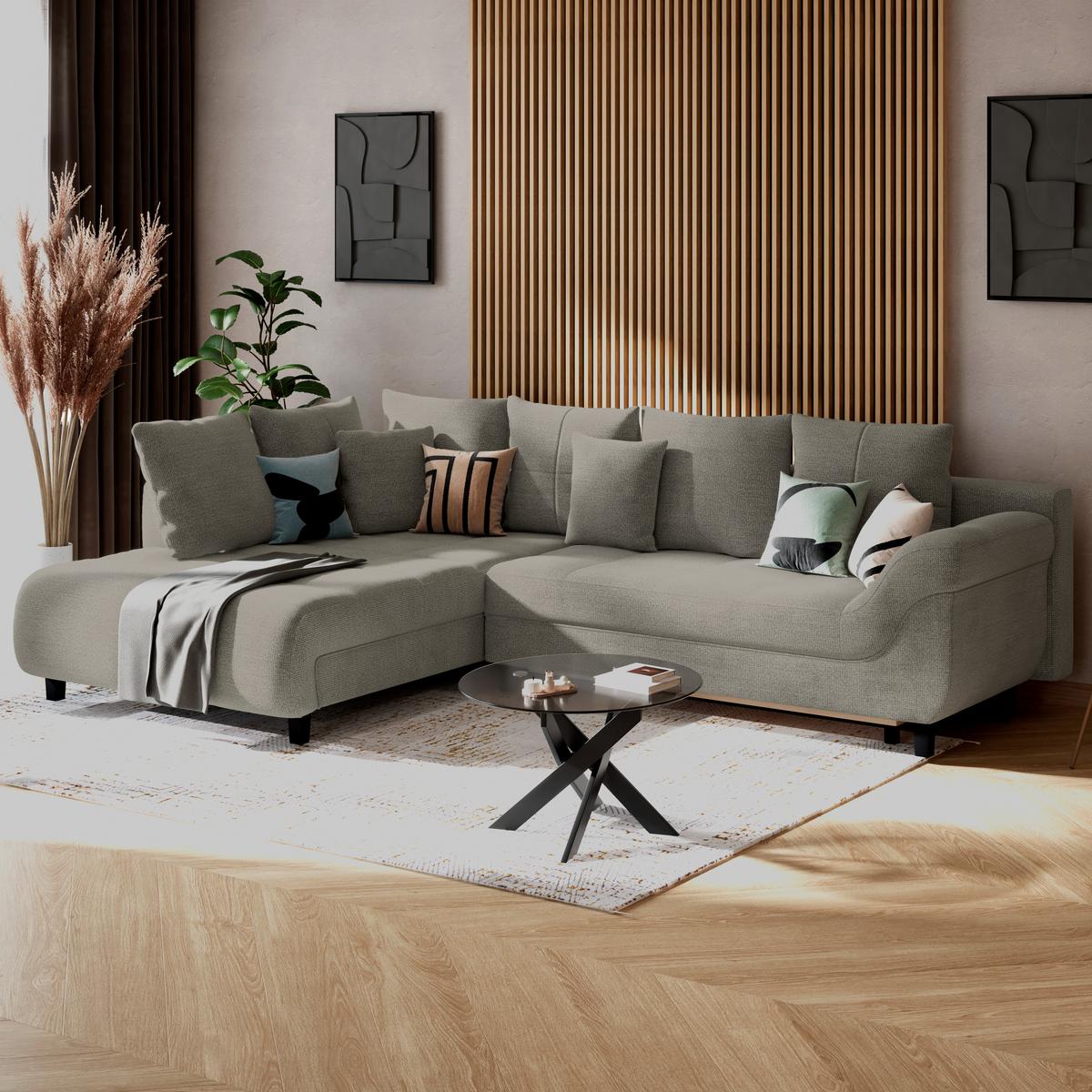 Ecksofa Mit Schlaffunktion Mendoza New Chenille 197x309cm - Sandfarben/Schwarz, KONVENTIONELL, Textil (197/309cm) - Ondega