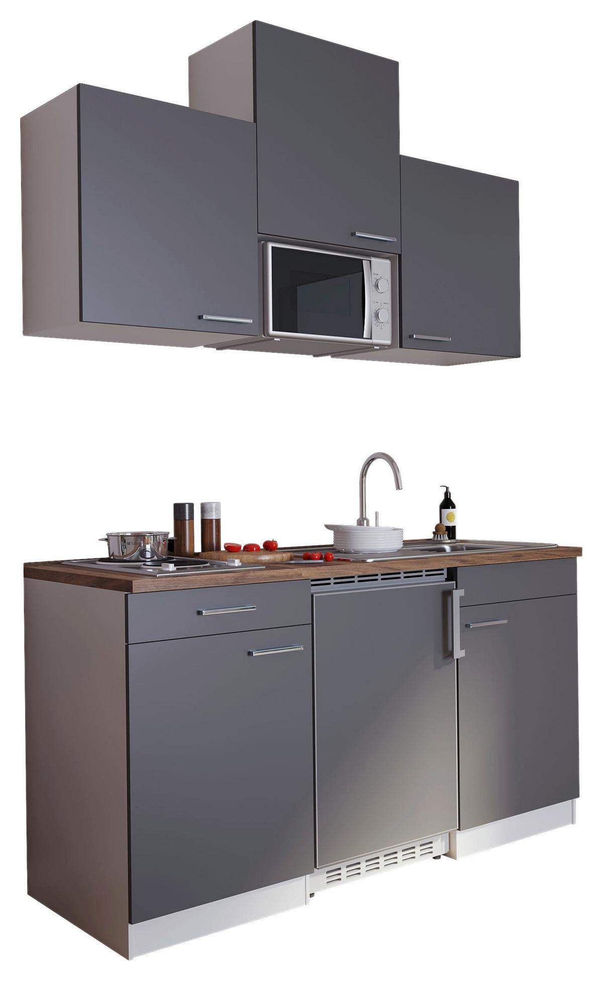 Miniküche Economy mit Geräten 150 cm Grau/ Nussbaum Dekor - Nussbaumfarben/Weiß, Basics, Holzwerkstoff (150cm) - Respekta