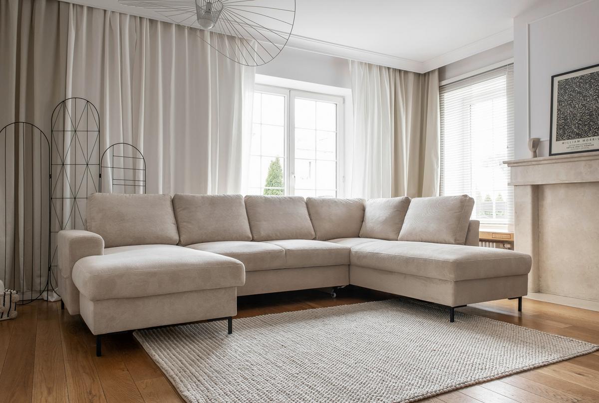 Sedačka LEONIE U, pravá, béžový menčester - čierna/béžová, Design, kov/drevo (148/303/197cm)