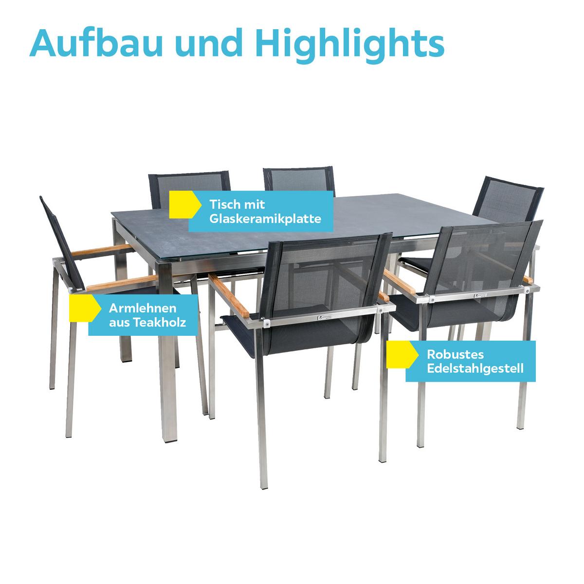 Gartengarnitur 7-Teilig Sydney Edelstahl/Holz/Glaskeramik - Silberfarben/Grau, Basics, Glas/Holz (160/74/90cm) - Gardenson