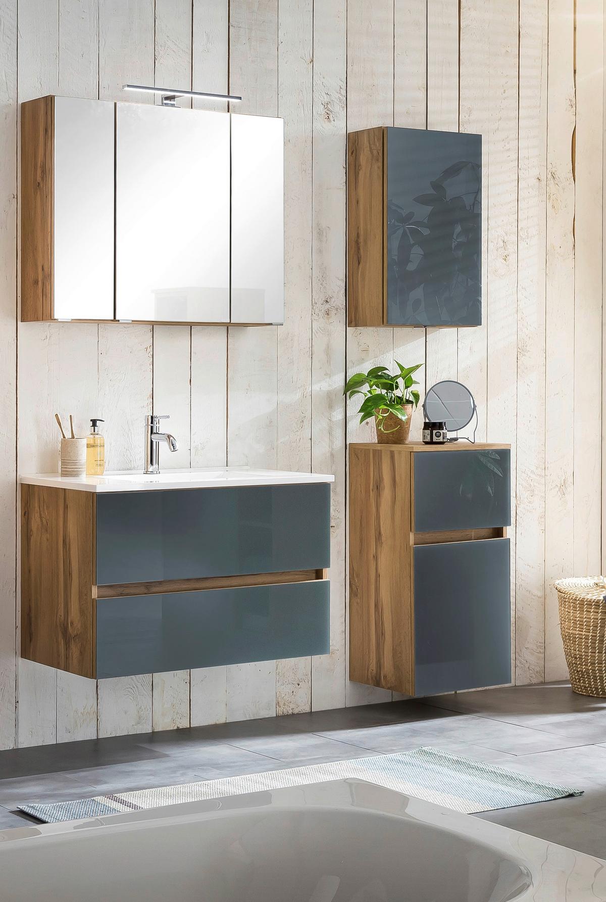 Badmöbel-set 5-tlg. Inkl. Led Helsinki, Grau/eiche - Eichefarben/Weiß, KONVENTIONELL, Glas/Holzwerkstoff (120cm) - Held