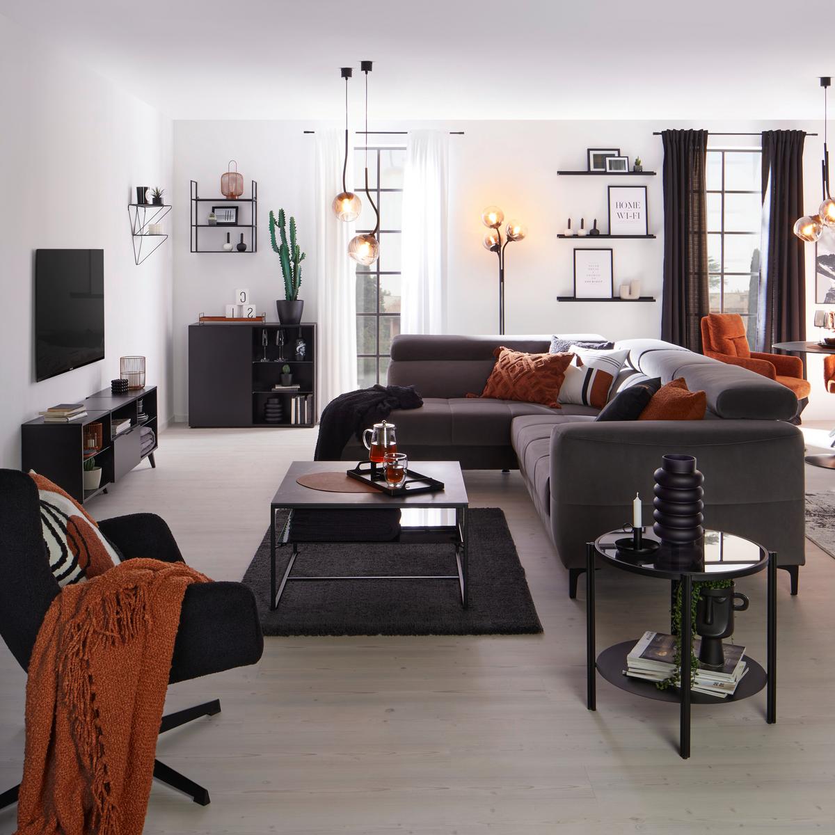 Rohová sedačka EMMA, ľavá, sivá,nast.op.hl,USB,el.výsuv - čierna/sivá, Modern, textil (210/301cm) - Premium Living