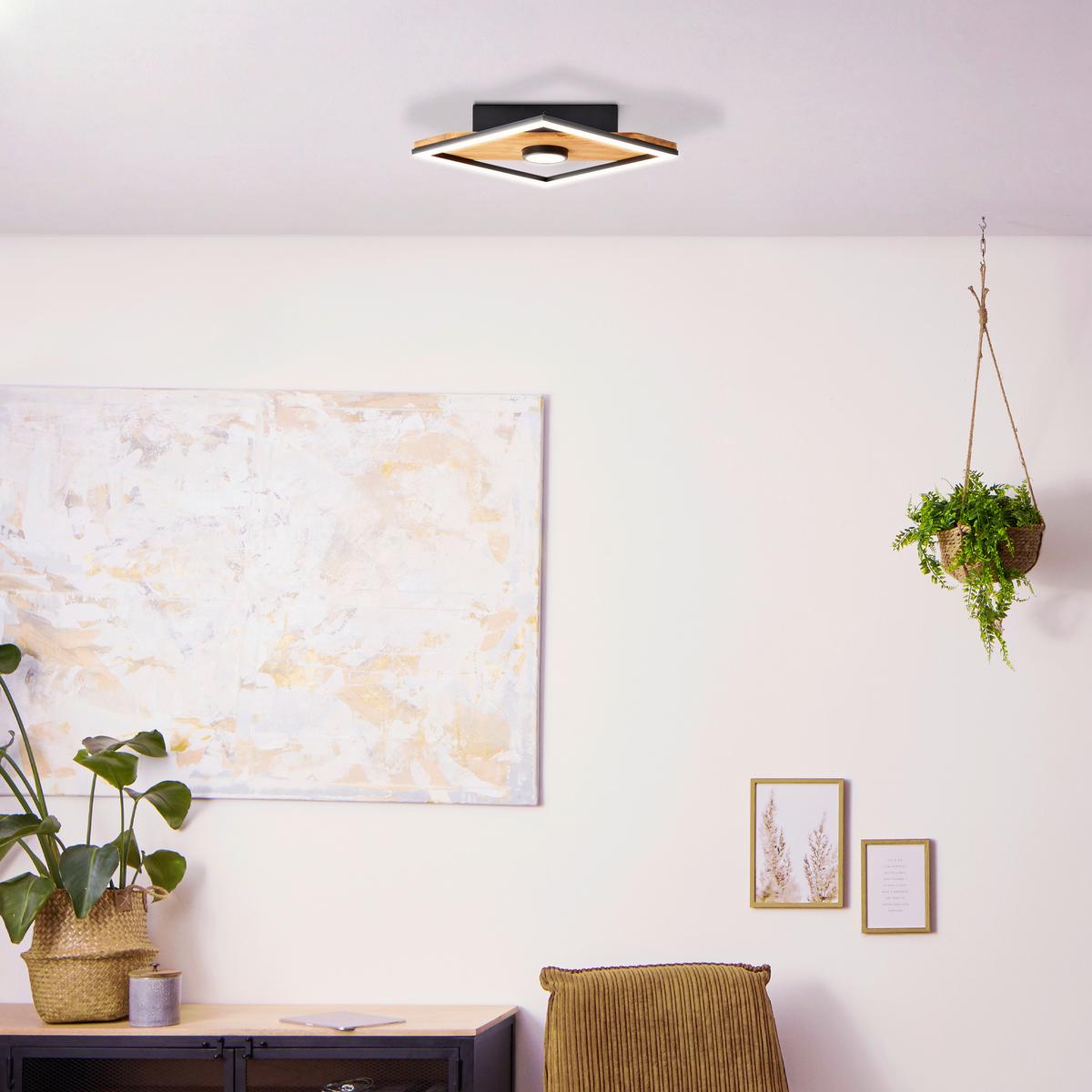 LED-Deckenleuchte Woodbridge L: 25 cm mit Holz - Schwarz/Braun, Design, Holz/Kunststoff (25/25/6,2cm) - Brilliant