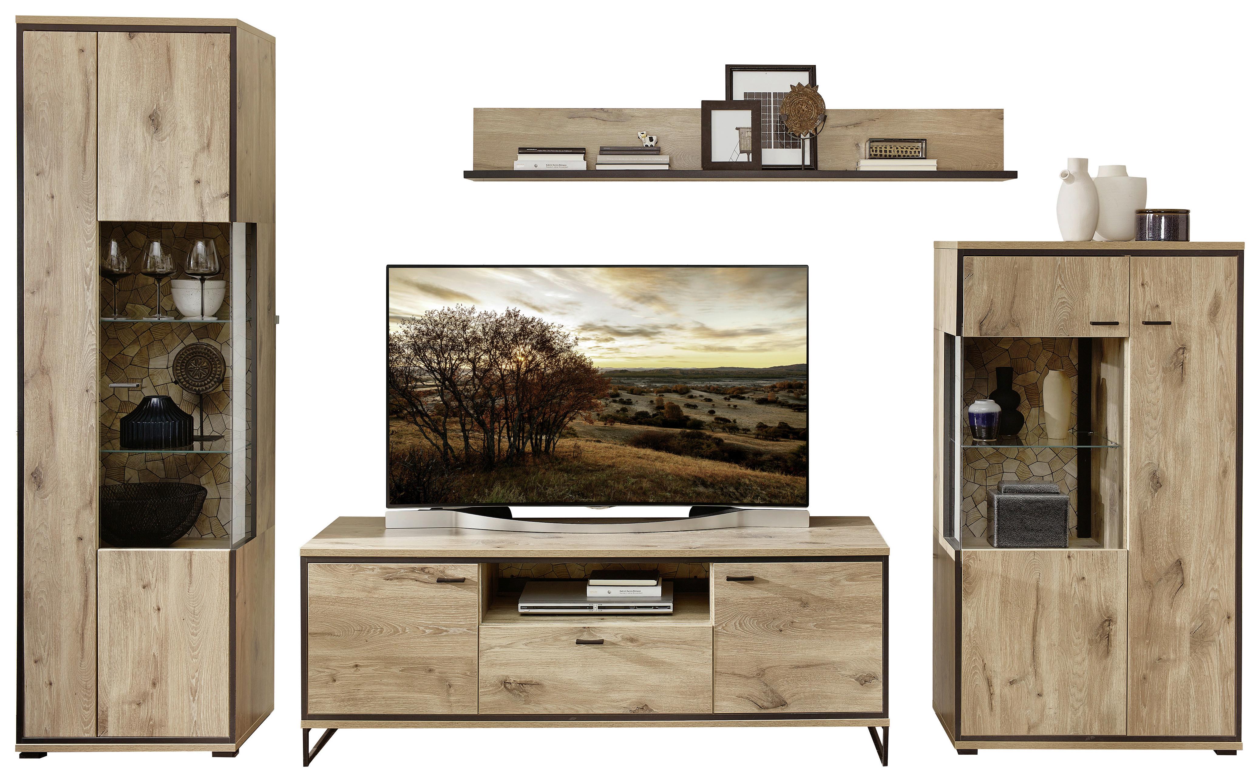 Wohnwand Ruben - Eichefarben/Schwarz, KONVENTIONELL, Glas/Holzwerkstoff (330/205/49cm) - Livetastic