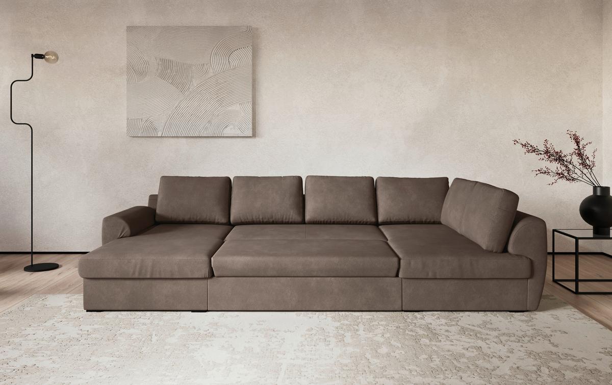 Wohnlandschaft m. Bettfunktion Mirkrofaser taupe, B: 327cm - Taupe/Schwarz, Trend, Textil (154/327/86cm) - MID.YOU