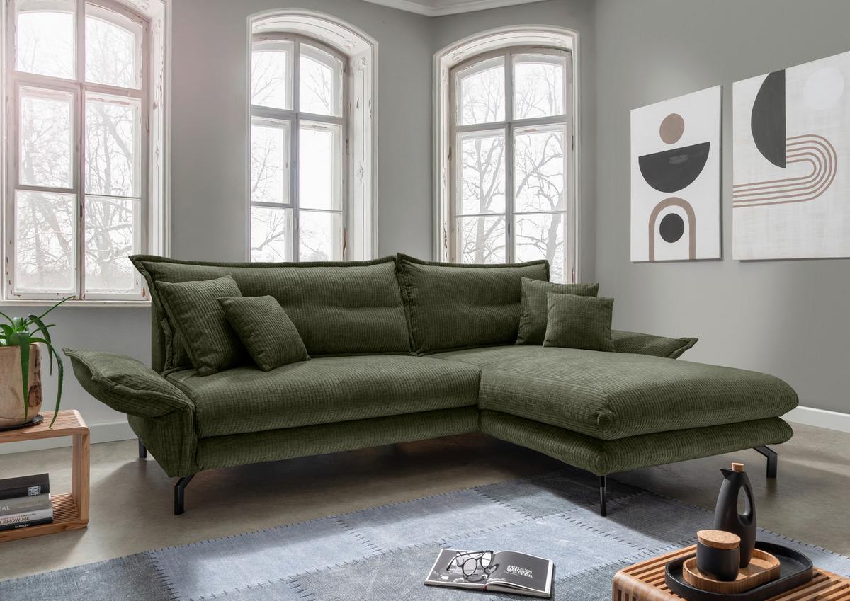 Ecksofa Lava Olivegrün S: 255x180 cm - Schwarz/Olivgrün, Design, Textil (255/180cm) - Livetastic