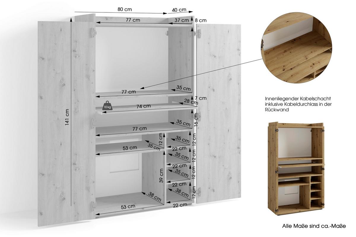 Sekretär Janne - Schwarz/Eiche Artisan, MODERN, Holzwerkstoff (80/40/141cm) - MID.YOU