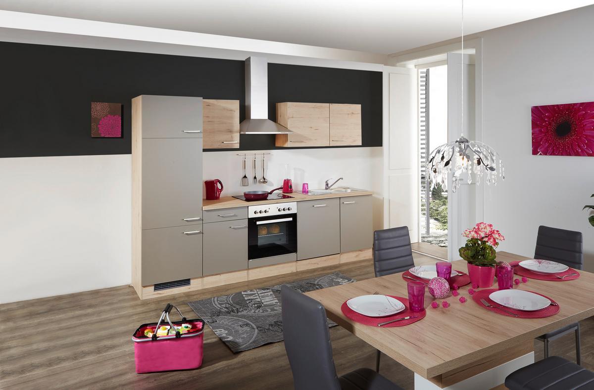Küchenzeile Riva mit Geräten 280 cm Champagner/Eiche Dekor - Champagner/Eichefarben, MODERN, Holzwerkstoff (280cm) - FlexWell