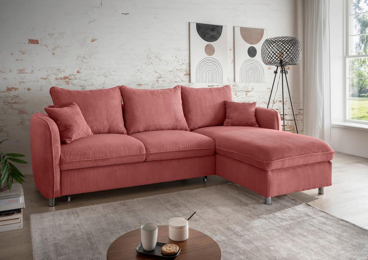 Eckschlafsofa Lauritio Koralle S: 254x160 cm - Chromfarben/Koralle, MODERN, Textil (254/160cm) - Livetastic