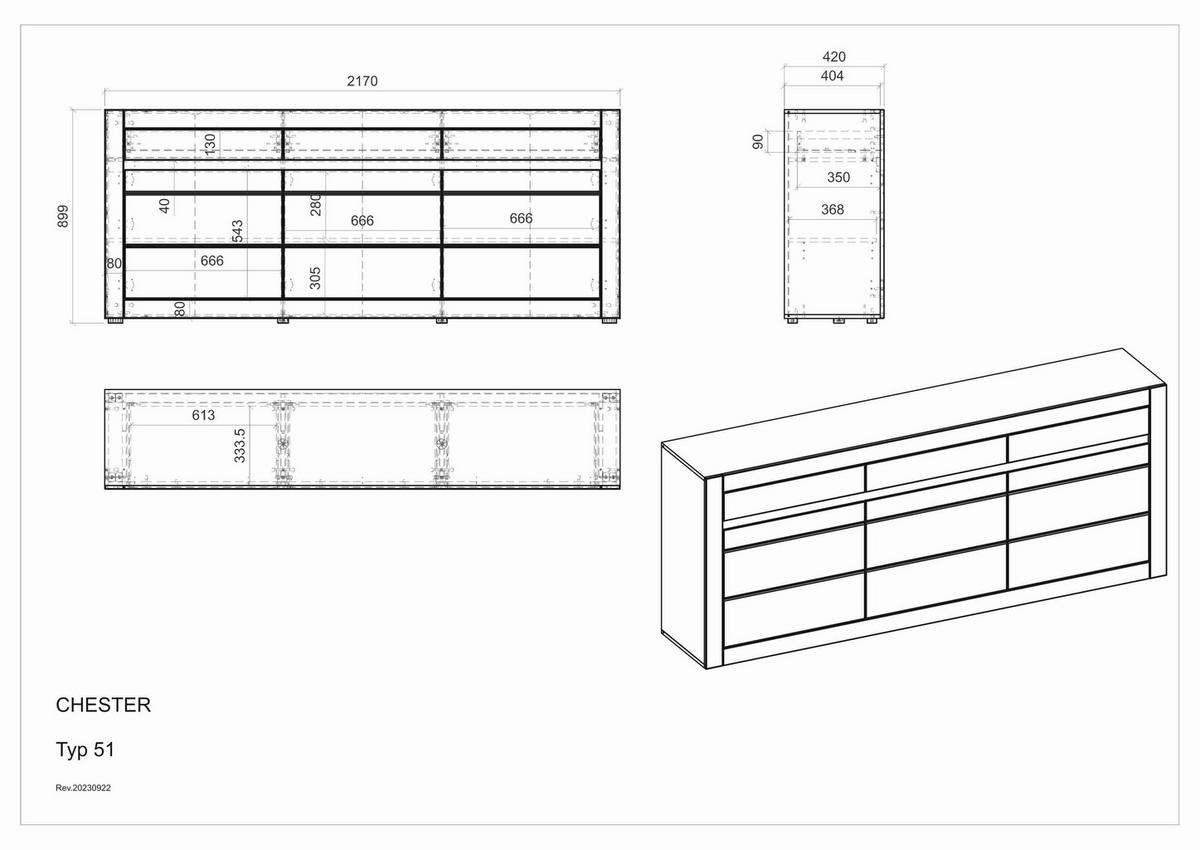 Sideboard Chester Weiß/Eichefarben B: 217cm - Eichefarben/Silberfarben, Design, Holzwerkstoff (217/90/42cm) - MID.YOU